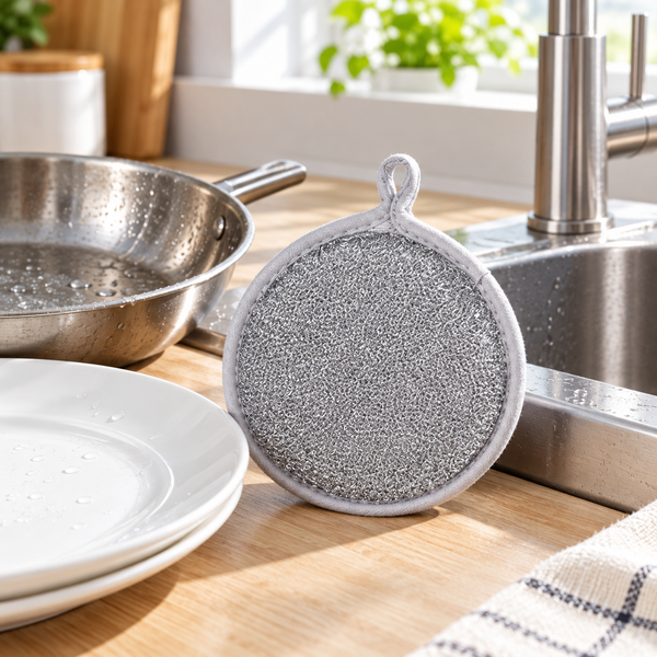Round silver-wire kitchen cleaning sponge beside a sink