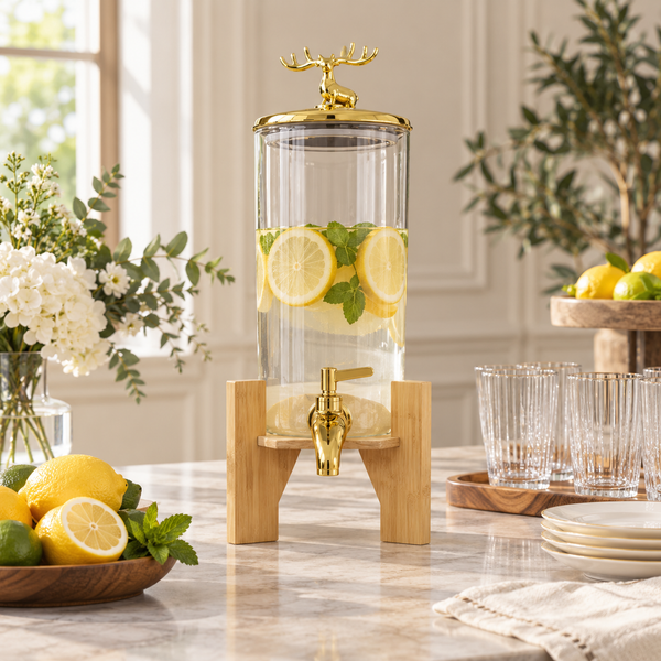 Premium Single Glass Juice Dispenser with Wooden Stand & Gold Tap