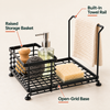 Sink organizer raised basket open grid base and towel rail features