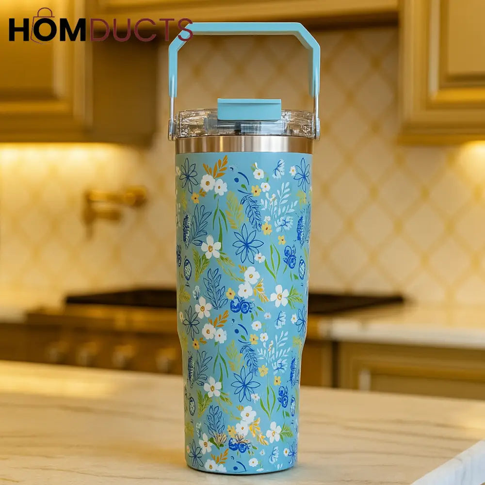 Sitarayuri Floral Sky Blue Insulated Tumbler with Handle – 40oz