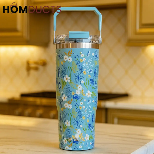 Sitarayuri Floral Sky Blue Insulated Tumbler with Handle – 40oz