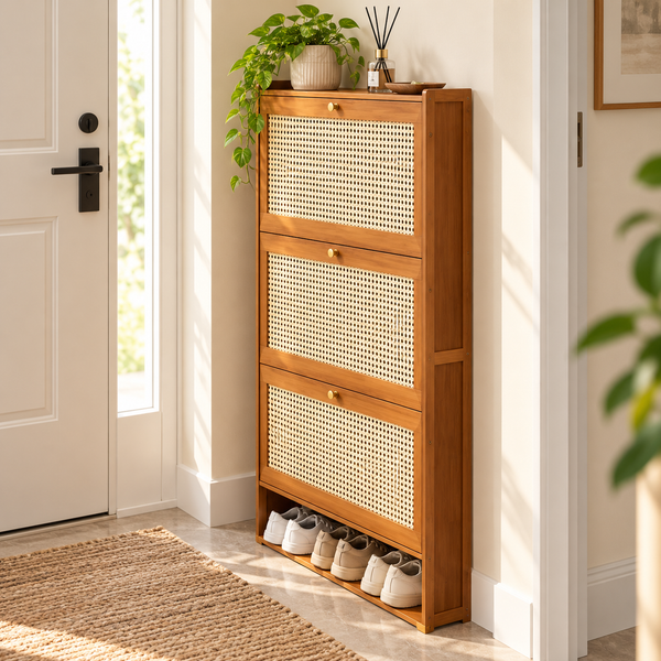 Space-saving bamboo shoe cabinet shown from the side