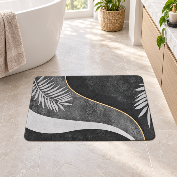 Small absorbent bathroom floor mat - Black Palm design