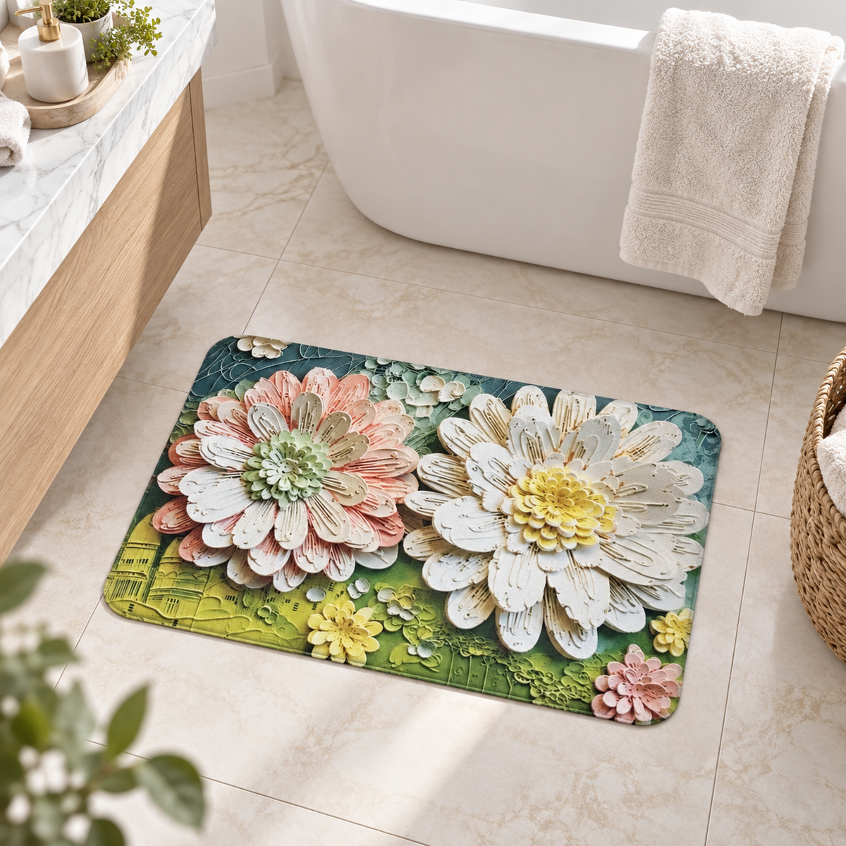 Small absorbent bathroom floor mat - Pastel Floral design