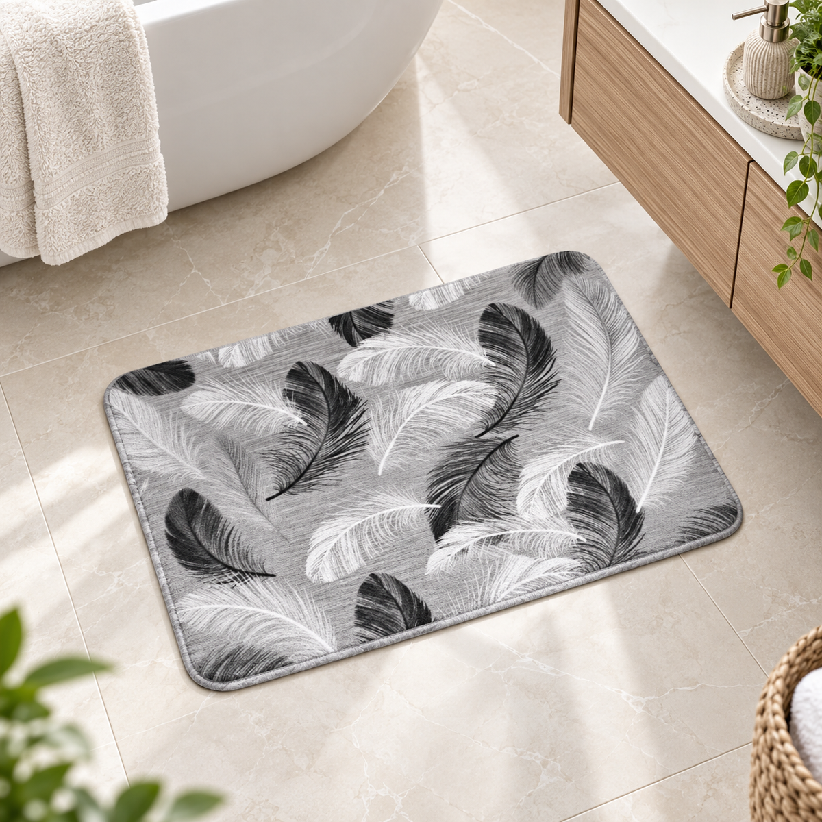 Small absorbent bathroom floor mat - Monochrome Feather design