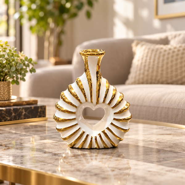 Luxury Heart Cutout White & Gold Decorative Vase – Small