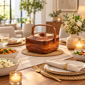 Compact Insulated Hot Pot – Wood Finish premium lifestyle view
