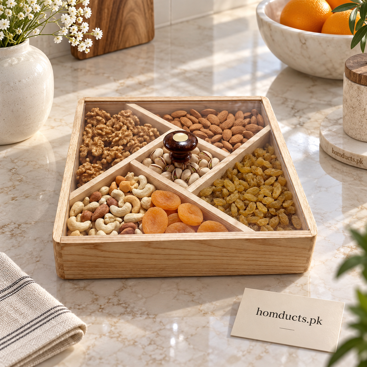Small Square Wooden Compartment Tray with Acrylic Lid