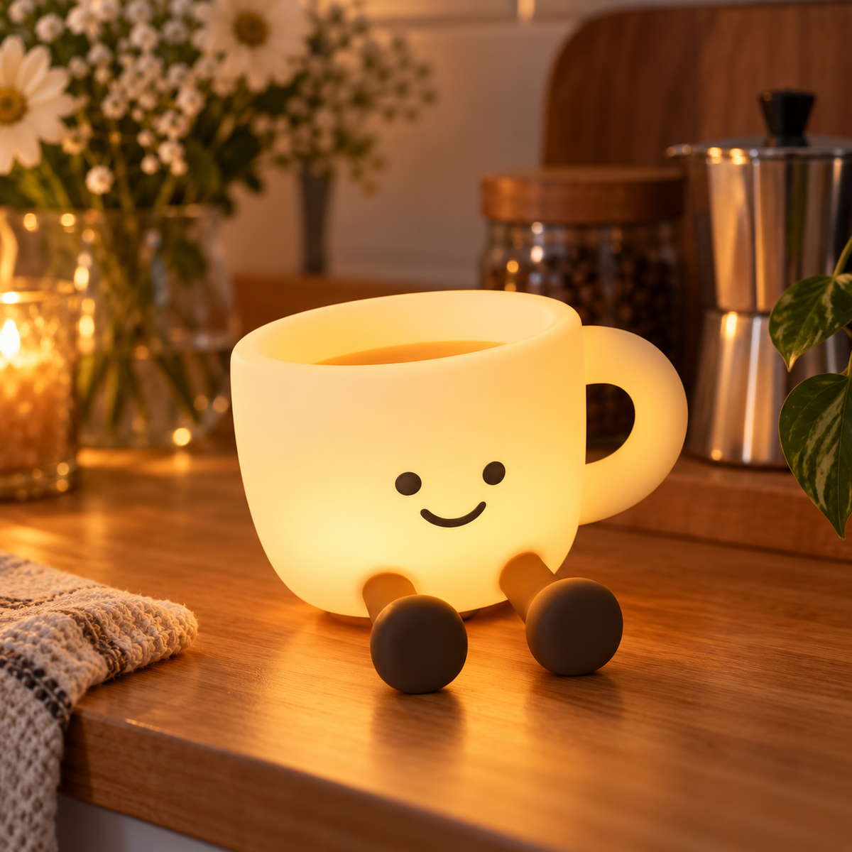 Smiling coffee cup night light glowing on a cozy coffee station