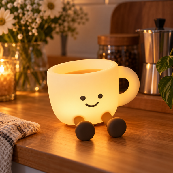 Smiling coffee cup night light glowing on a cozy coffee station