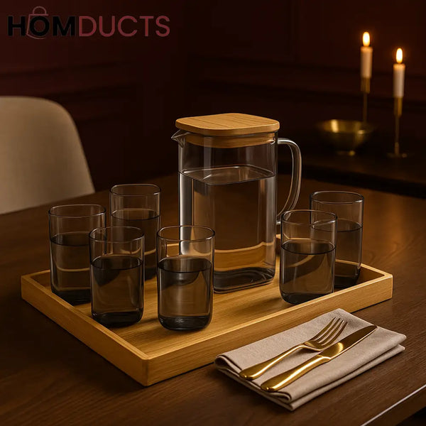 Smoke Glass Pitcher Set with Bamboo Lid & Tray – 7-Piece Luxury Drinkware