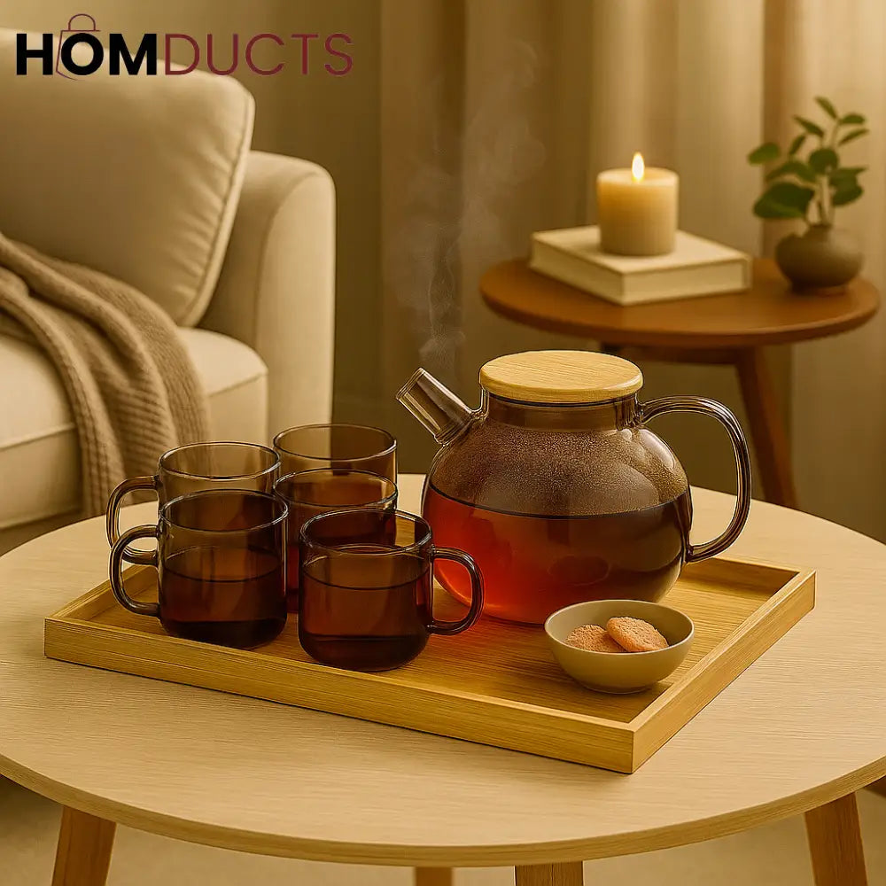 Smoked Glass Teapot & Cup Set with Wooden Lid – 7 Pcs