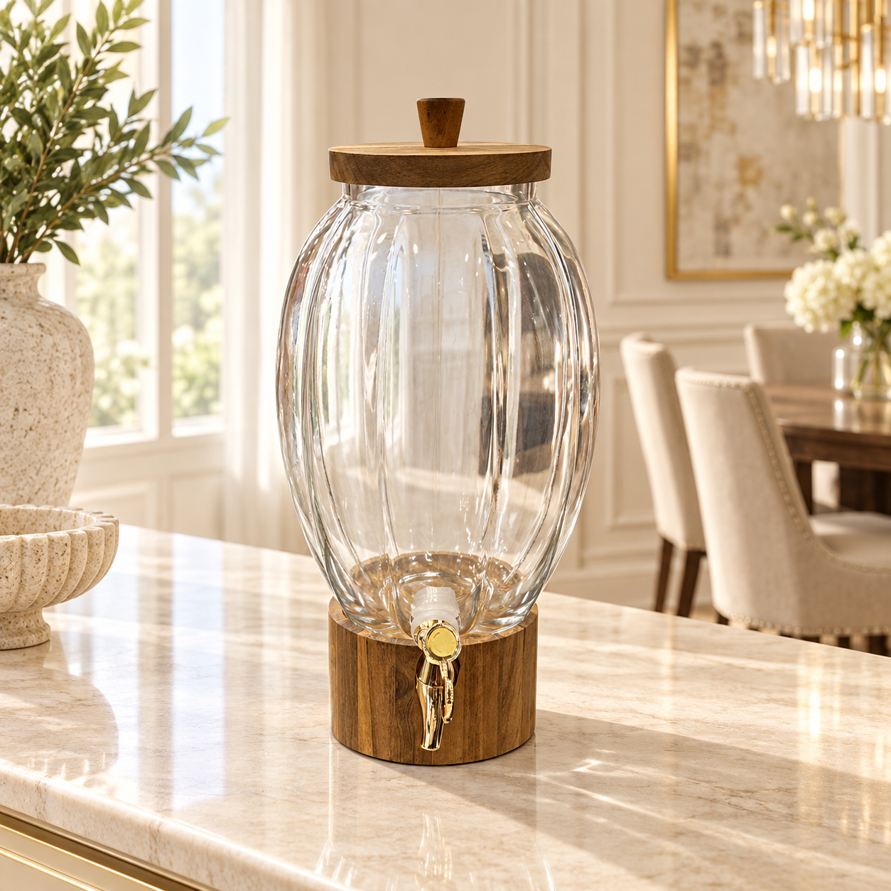 Smooth oval glass beverage dispenser with wooden stand and gold tap