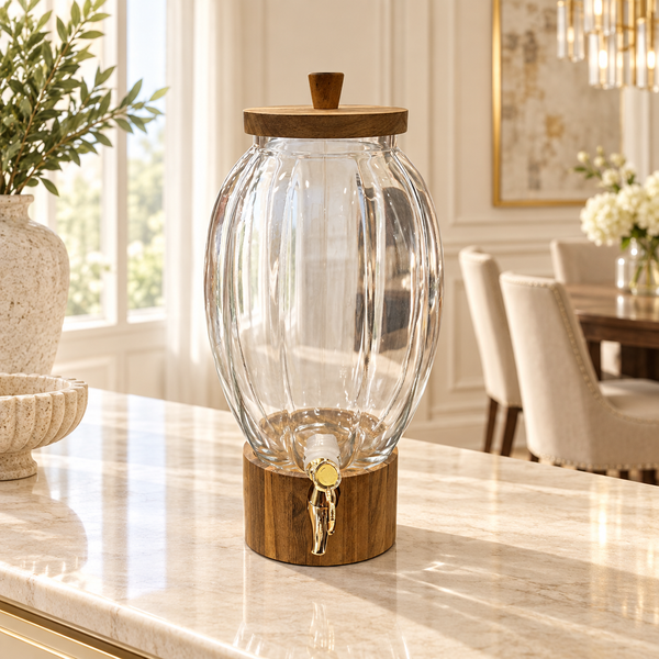 Smooth oval glass beverage dispenser with wooden stand and gold tap