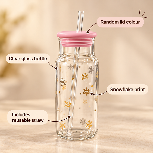 Snowflake Glass Juice Bottle with Straw Lid feature infographic