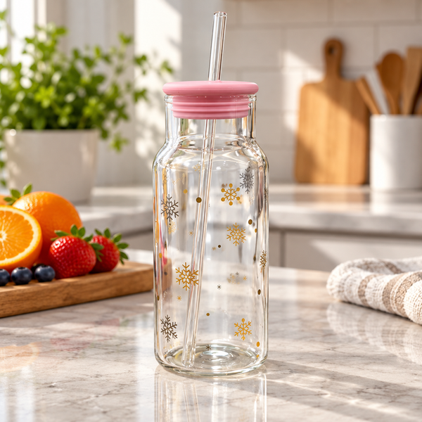 Snowflake Glass Juice Bottle with Straw Lid styled in a premium kitchen setting
