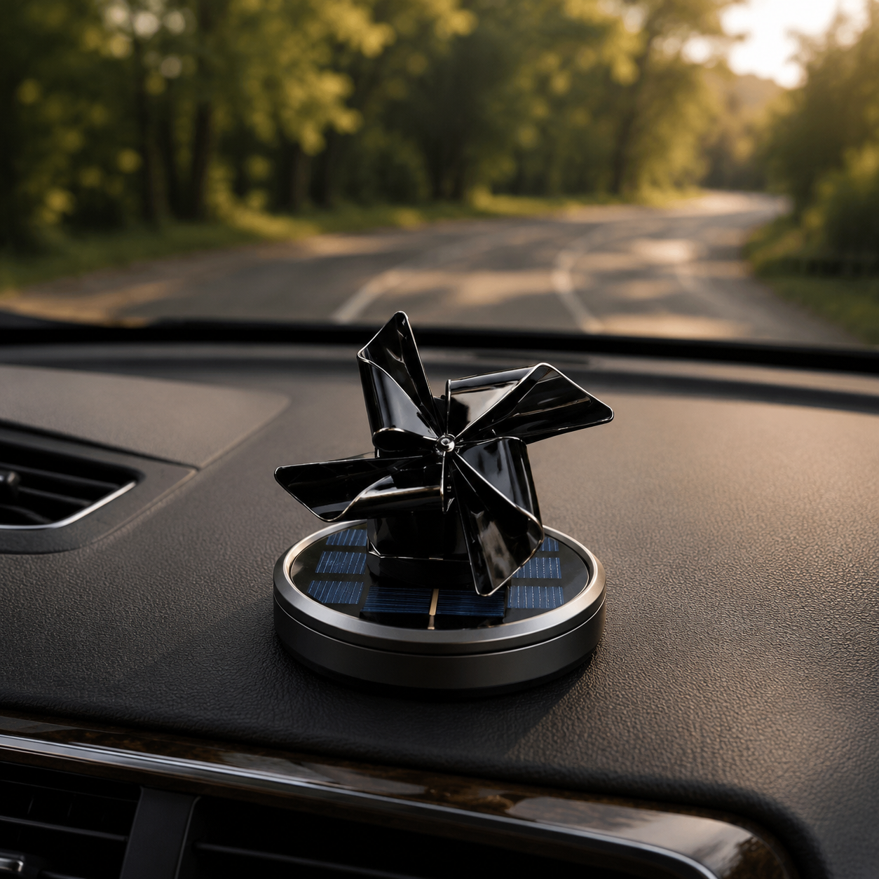 Solar-powered windmill car aroma diffuser on a luxury dashboard