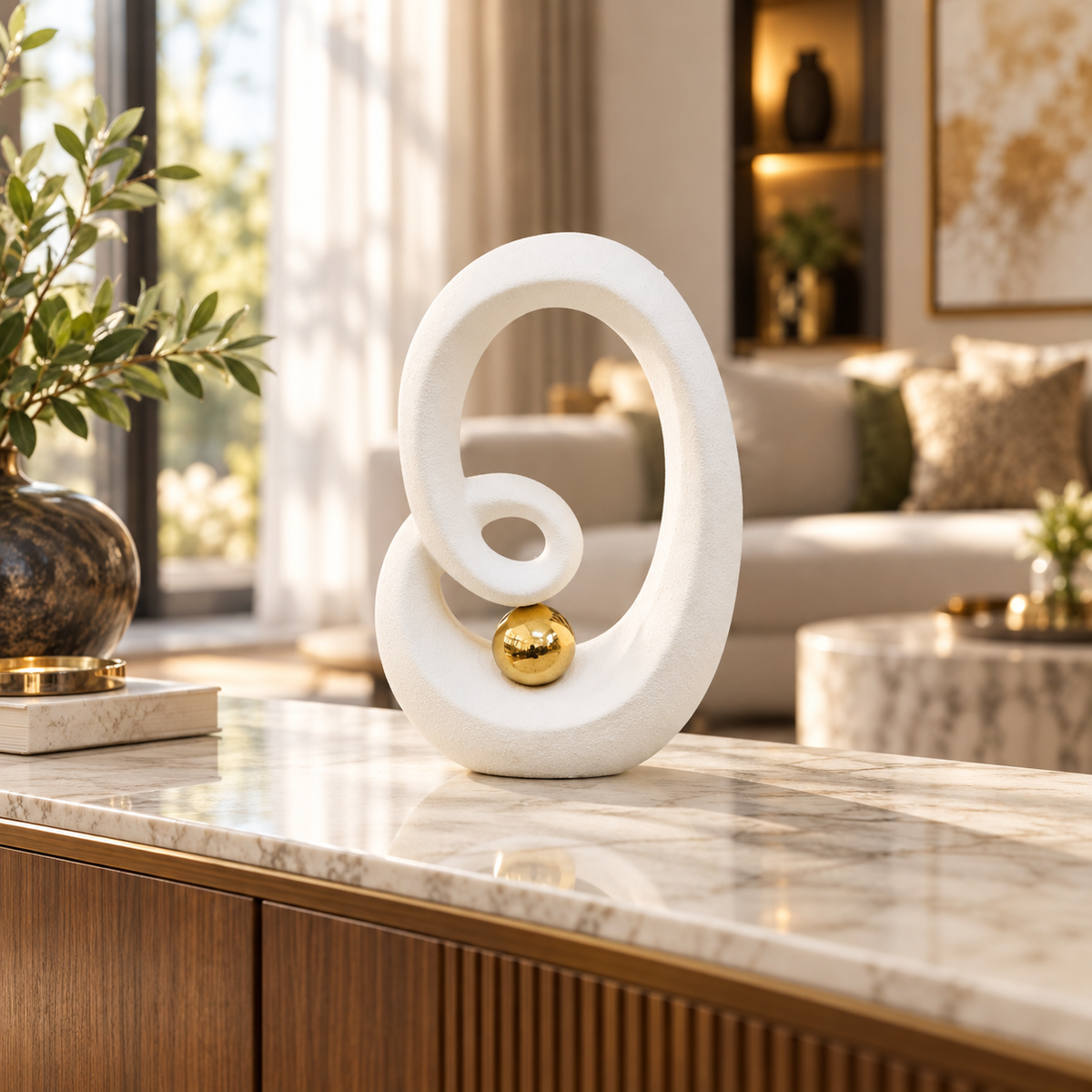 Abstract spiral white ceramic sculpture with gold accent