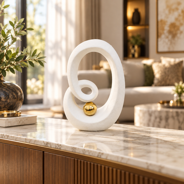 Abstract spiral white ceramic sculpture with gold accent
