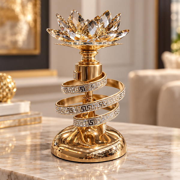 Gold spiral crystal lotus candle holder
