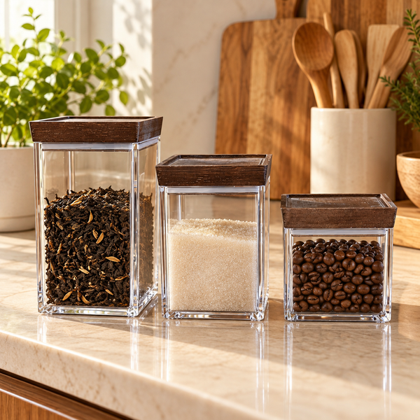 Square acrylic pantry jars with dark wood lids in three sizes