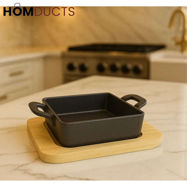 Square Cast Iron Baking Dish with Wooden Base