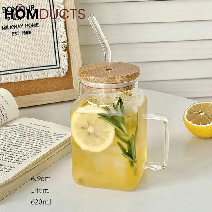 Square Glass Smoothie Tumbler with Handle & Straw - Stylish & Durable