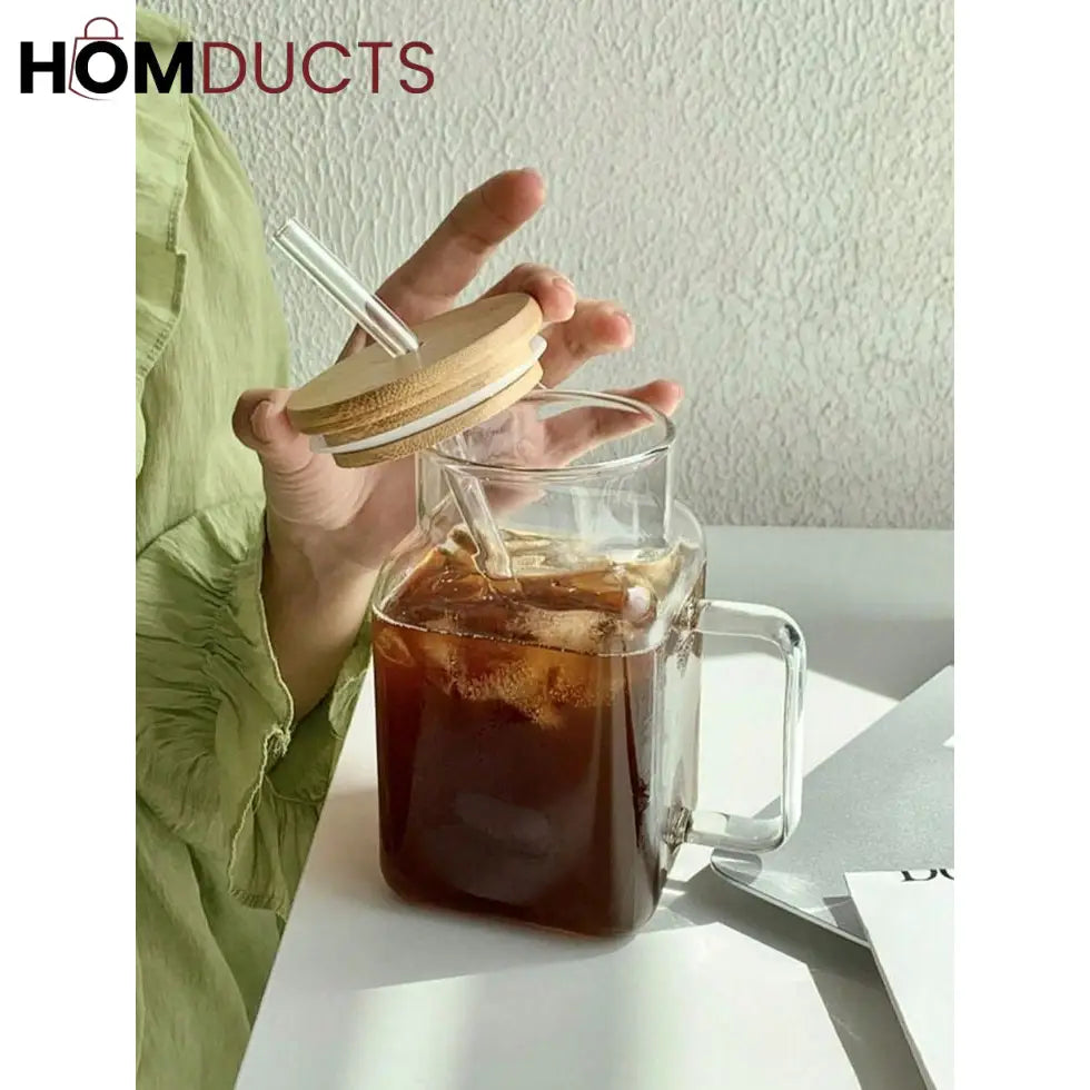Square Glass Smoothie Tumbler with Handle & Straw - Stylish & Durable