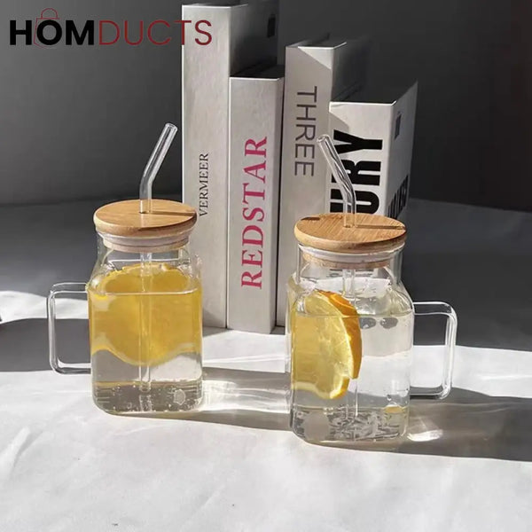 Square Glass Smoothie Tumbler with Handle & Straw - Stylish & Durable