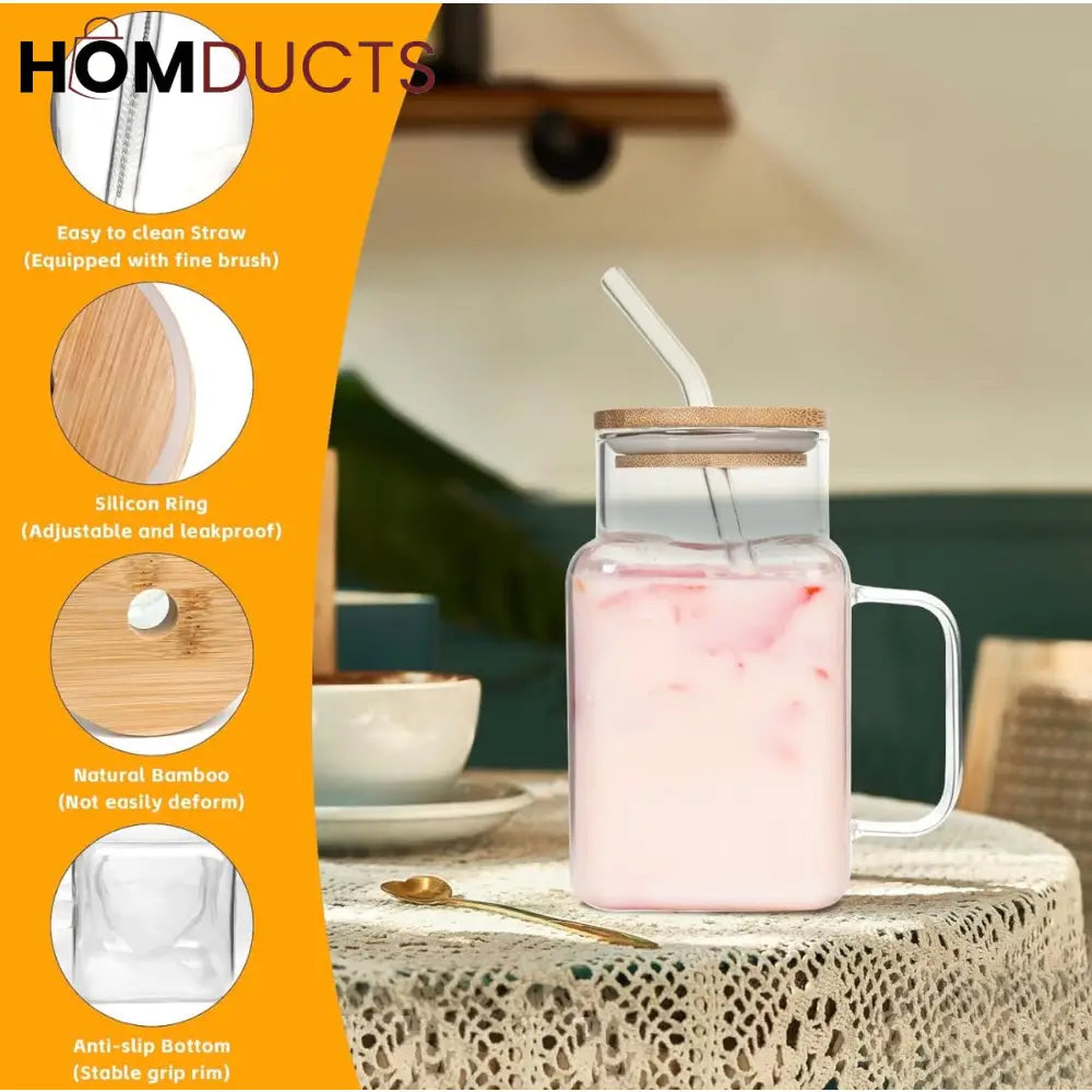 Square Glass Smoothie Tumbler with Handle & Straw - Stylish & Durable