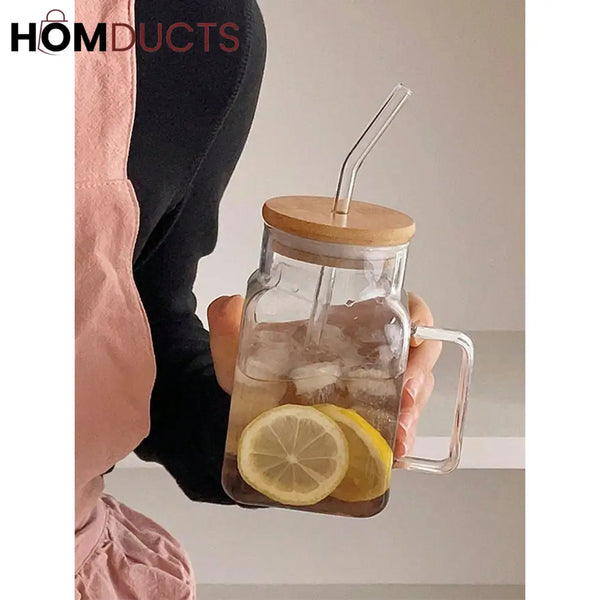 Square Glass Smoothie Tumbler with Handle & Straw - Stylish & Durable