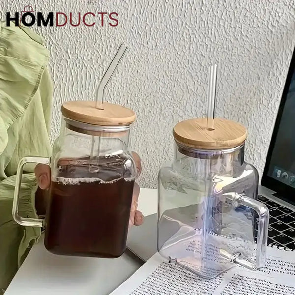 Square Glass Smoothie Tumbler with Handle & Straw - Stylish & Durable