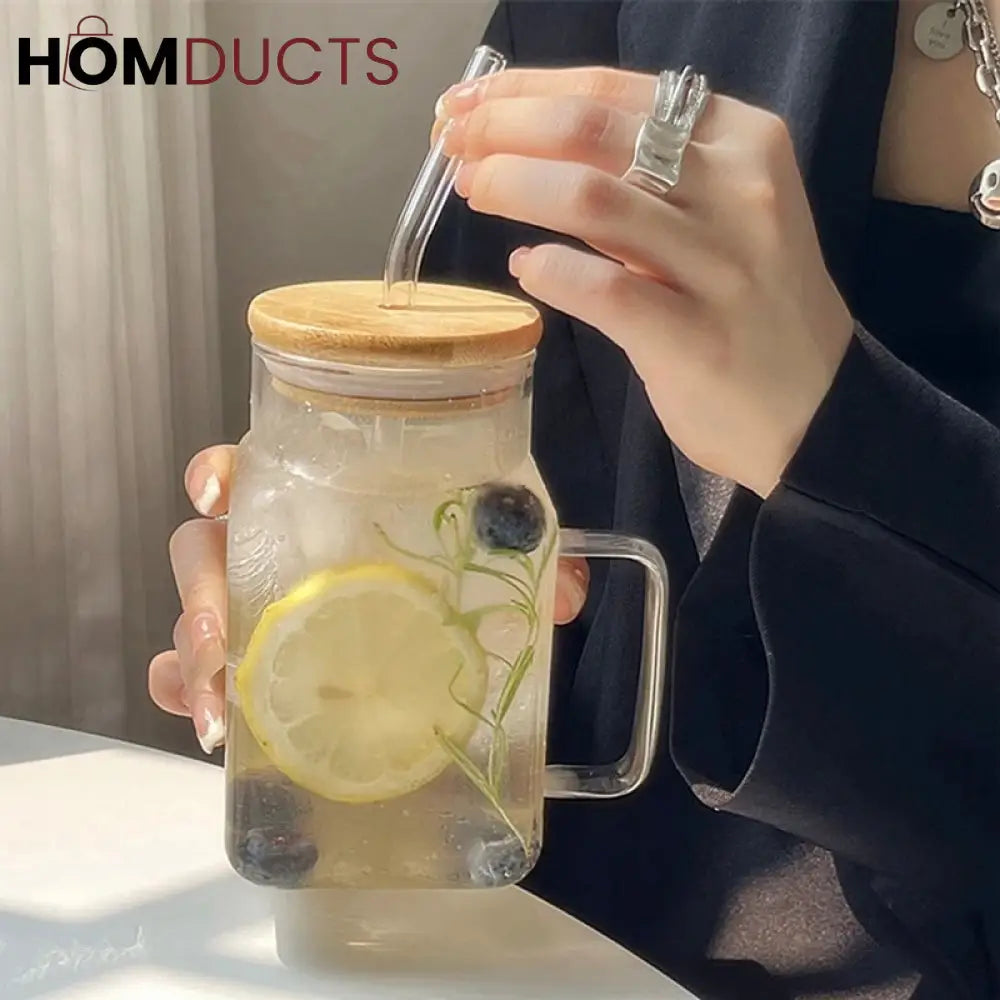 Square Glass Smoothie Tumbler with Handle & Straw - Stylish & Durable