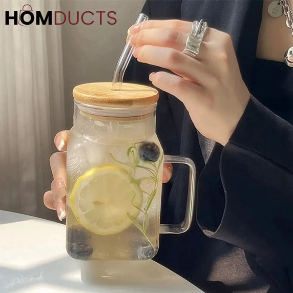 Square Glass Smoothie Tumbler with Handle & Straw - Stylish & Durable