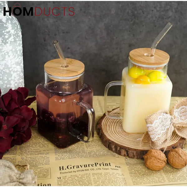 Square Glass Smoothie Tumbler with Handle & Straw - Stylish & Durable