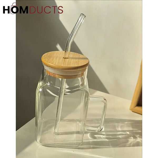 Square Glass Smoothie Tumbler with Handle & Straw - Stylish & Durable