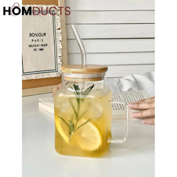 Square Glass Smoothie Tumbler with Handle & Straw - Stylish & Durable