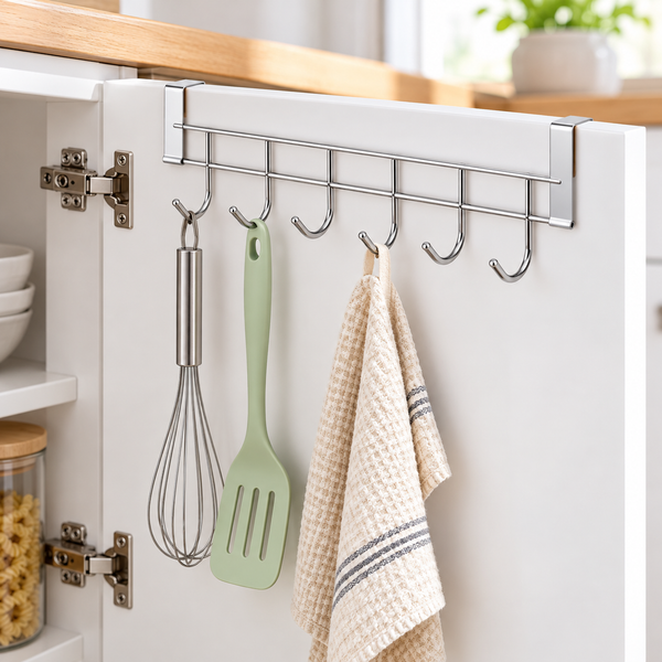 Stainless steel over cabinet door hanger with five hooks