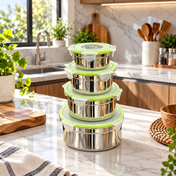 Four piece stainless steel food container set with green locking lids