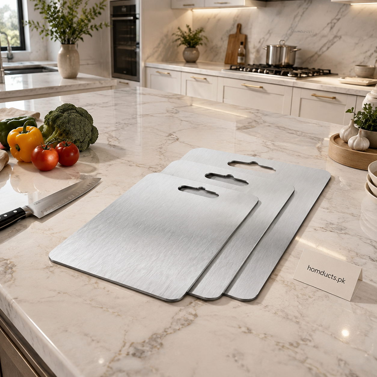 Double-sided stainless steel cutting boards in three sizes
