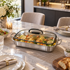 Large stainless steel rectangular serving dish with glass lid
