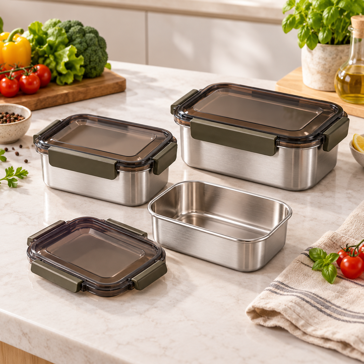 Stainless steel lunch boxes in three sizes