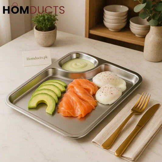 Stainless Steel Meal Plating Tray – With Curved Sauce Compartment