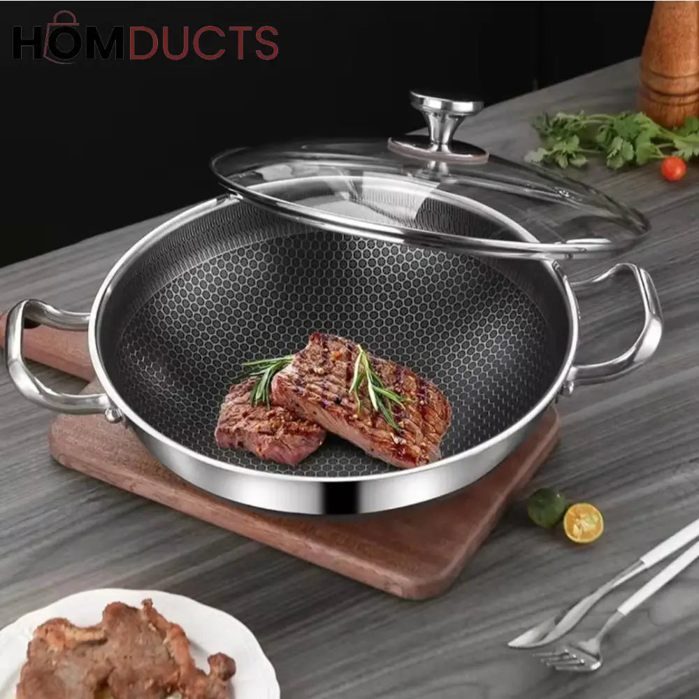 Stainless Steel Non Stick Honeycomb Frying Pan with Glass Lid – Durable Skillet for Cooking Searing & Frying 24cm