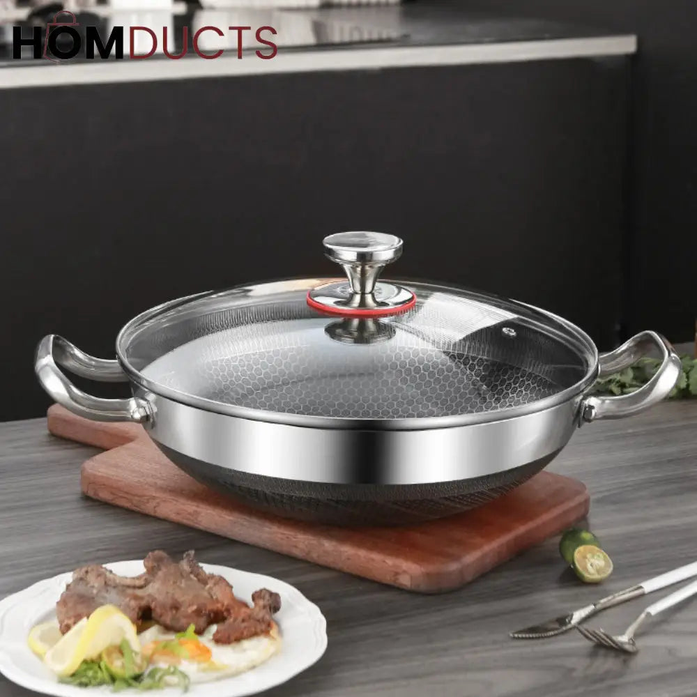Stainless Steel Non Stick Honeycomb Frying Pan with Glass Lid – Durable Skillet for Cooking Searing & Frying 24cm
