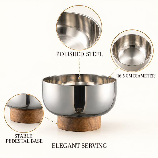 Stainless steel pedestal serving bowl material and size details