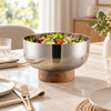 Premium stainless steel pedestal serving bowl with wooden base