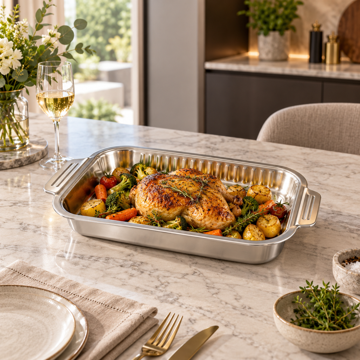 Large stainless steel rectangular serving dish without lid
