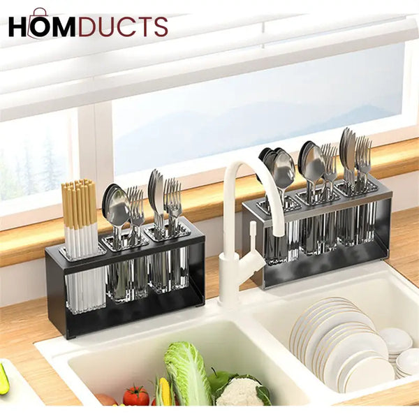 Stainless Steel Utensil Holder for Kitchen Countertop – Modern Cutlery Drying Rack with Drainage for Spoons Forks and