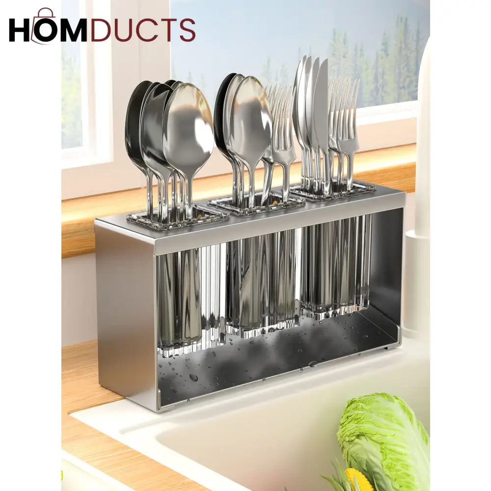 Stainless Steel Utensil Holder for Kitchen Countertop – Modern Cutlery Drying Rack with Drainage for Spoons Forks and